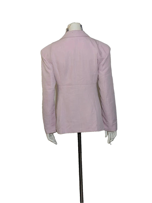 Cecilia Fashion pink double-breasted blazer with tonal covered buttons and classic lapels.