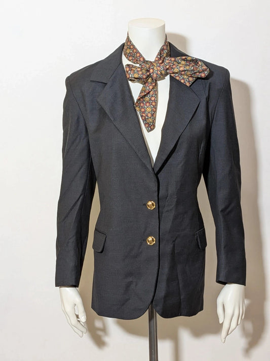 Cherie de Paris grey blazer and skirt suit, structured fit, gold button details, 100% wool.