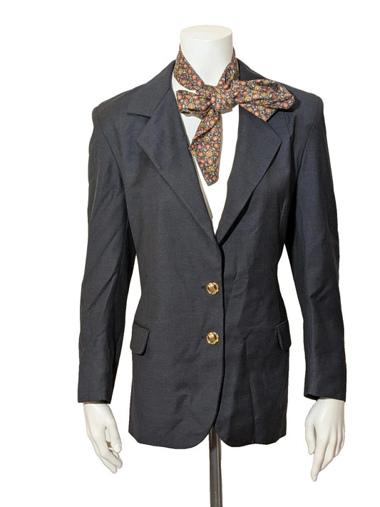Cherie de Paris grey blazer and skirt suit, structured fit, gold button details, 100% wool.