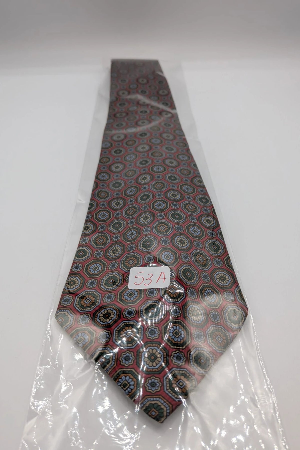 Vintage Dressing burgundy silk tie geometric medallion pattern handmade in Italy