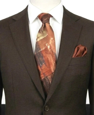 Cravatta uomo vintage in seta Made in Italy, fantasia geometrica marrone e ruggine