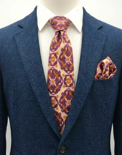 Cravatta vintage Ruffatti Torino in seta, fantasia geometrica viola e ocra