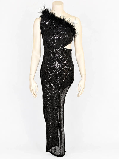 Abito lungo donna monospalla in paillettes nere con piume e cut-out – Tg. XS