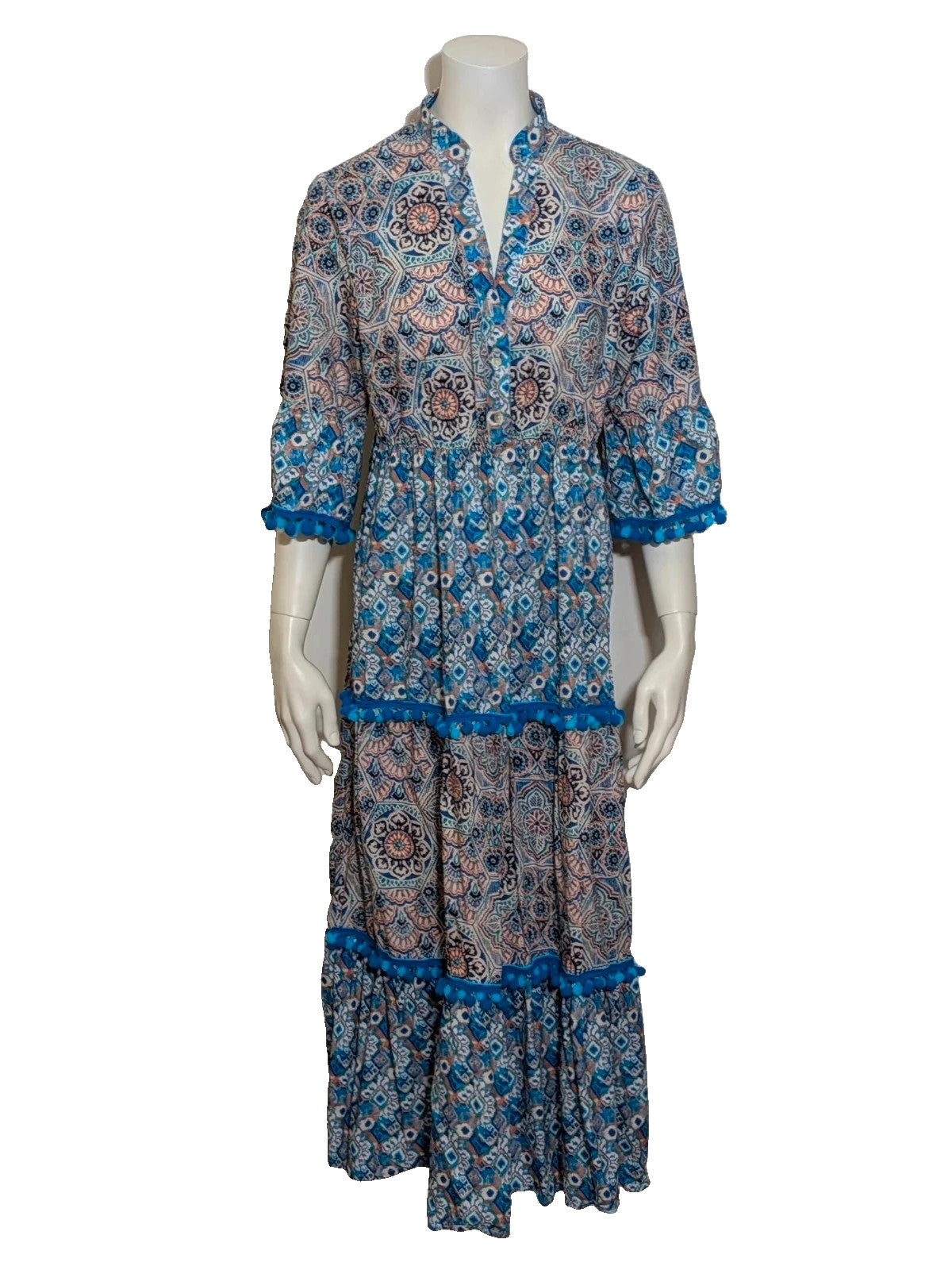 Per Una blue linen maxi dress with geometric mandala pattern and royal blue pompom details.