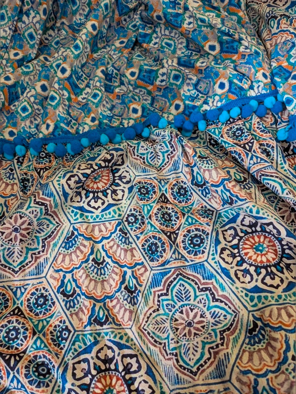 Per Una blue linen maxi dress with geometric mandala pattern and royal blue pompom details.