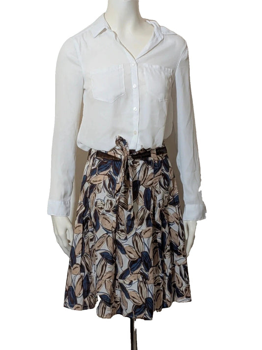 Jennifer beige skirt suit with floral pattern, white button-up shirt, lightweight polyester fabric.