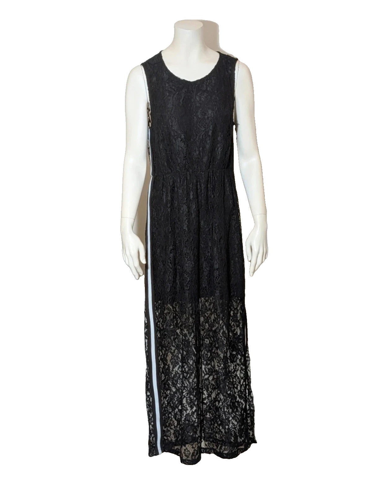 Chic black linen maxi dress with floral lace, white side stripe, and sleeveless design.