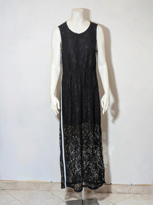 Chic black linen maxi dress with floral lace, white side stripe, and sleeveless design.