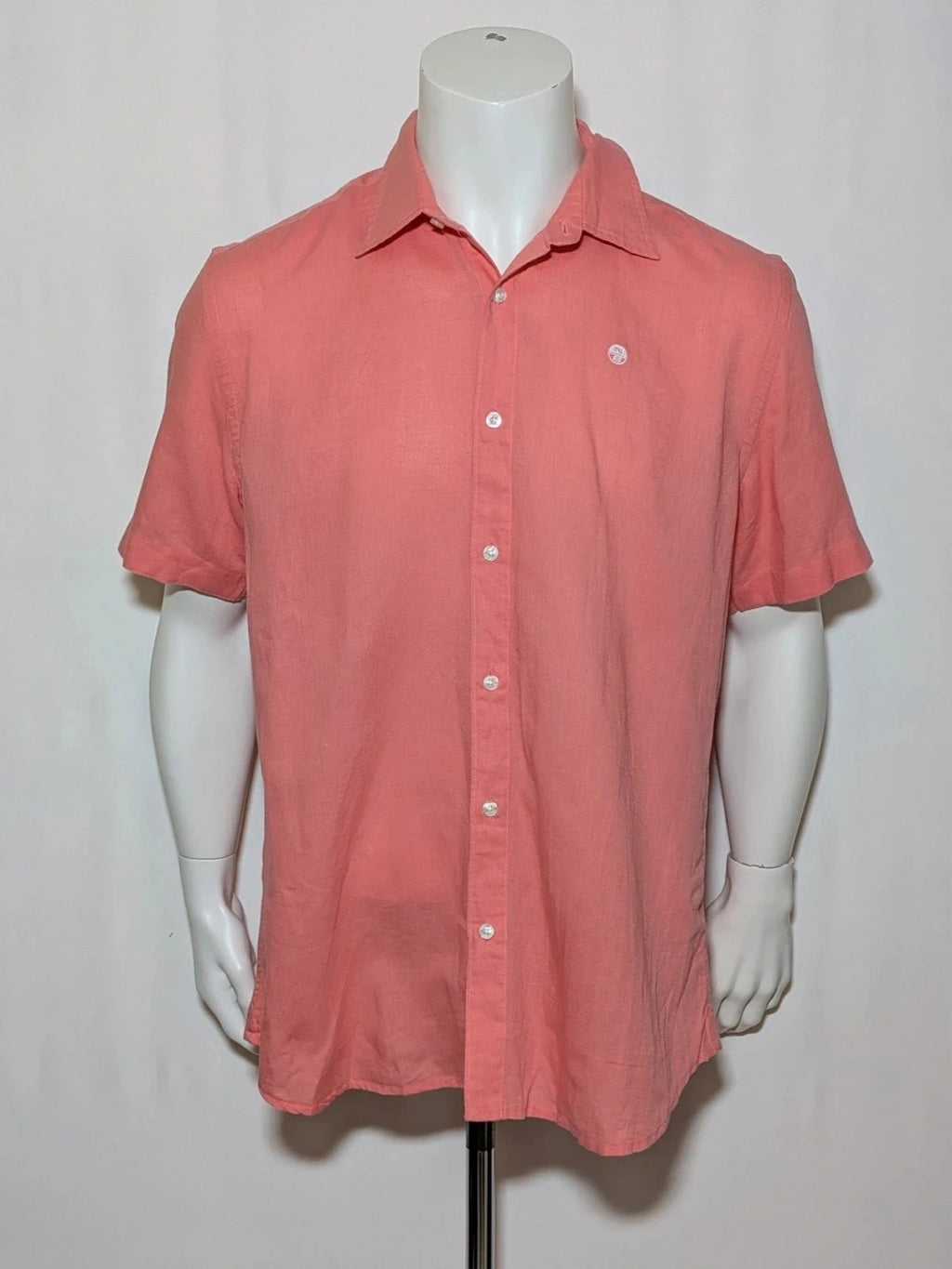 North Sails men's shirt salmon pink short sleeve embroidered logo cotton-linen blend.