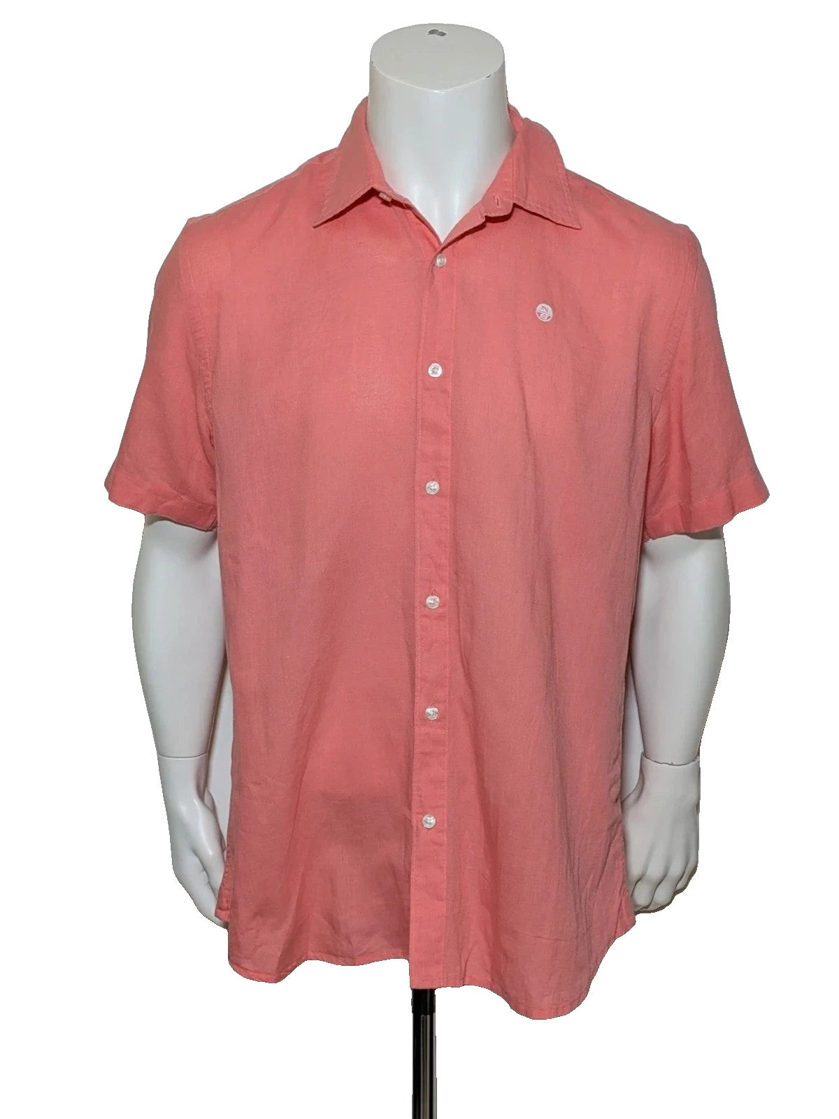North Sails men's shirt salmon pink short sleeve embroidered logo cotton-linen blend.