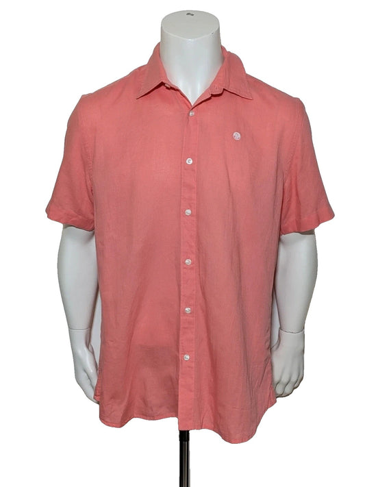 North Sails men's shirt salmon pink short sleeve embroidered logo cotton-linen blend.