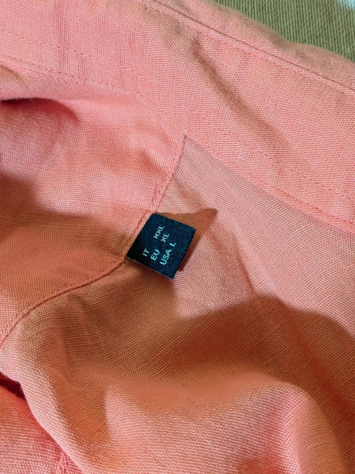 North Sails men's shirt salmon pink short sleeve embroidered logo cotton-linen blend.
