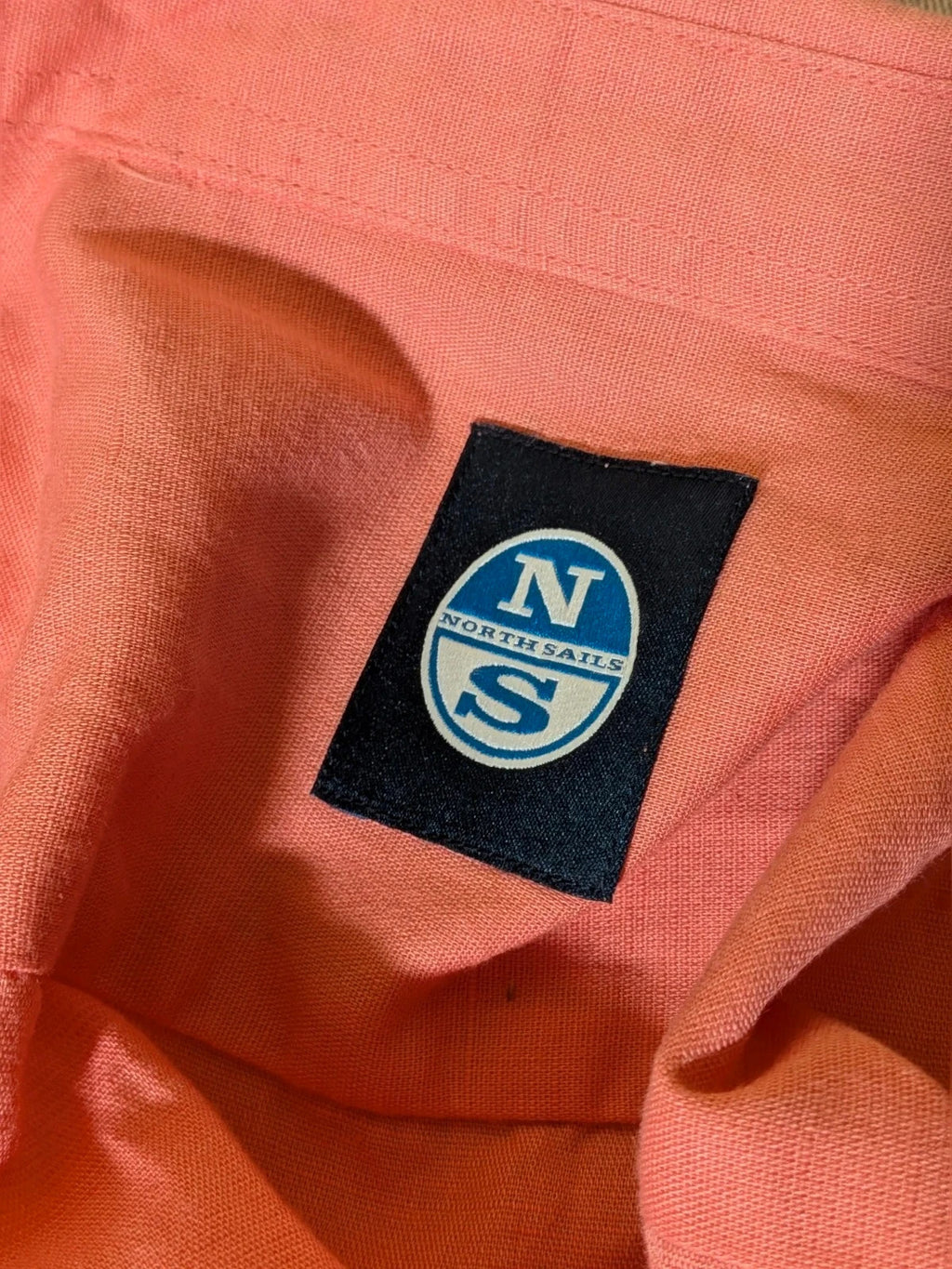 North Sails men's shirt salmon pink short sleeve embroidered logo cotton-linen blend.