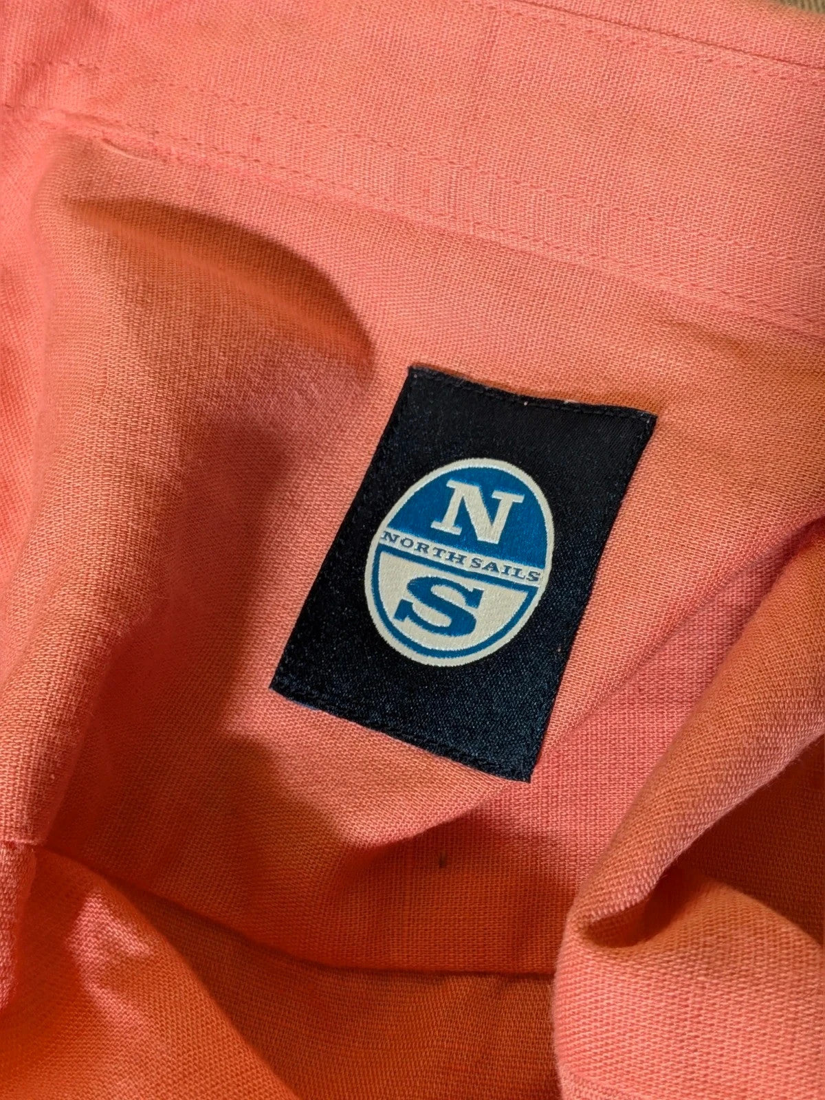 North Sails men's shirt salmon pink short sleeve embroidered logo cotton-linen blend.
