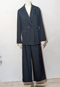 SHEIN navy suit set with single-button blazer and wide-leg palazzo pants.