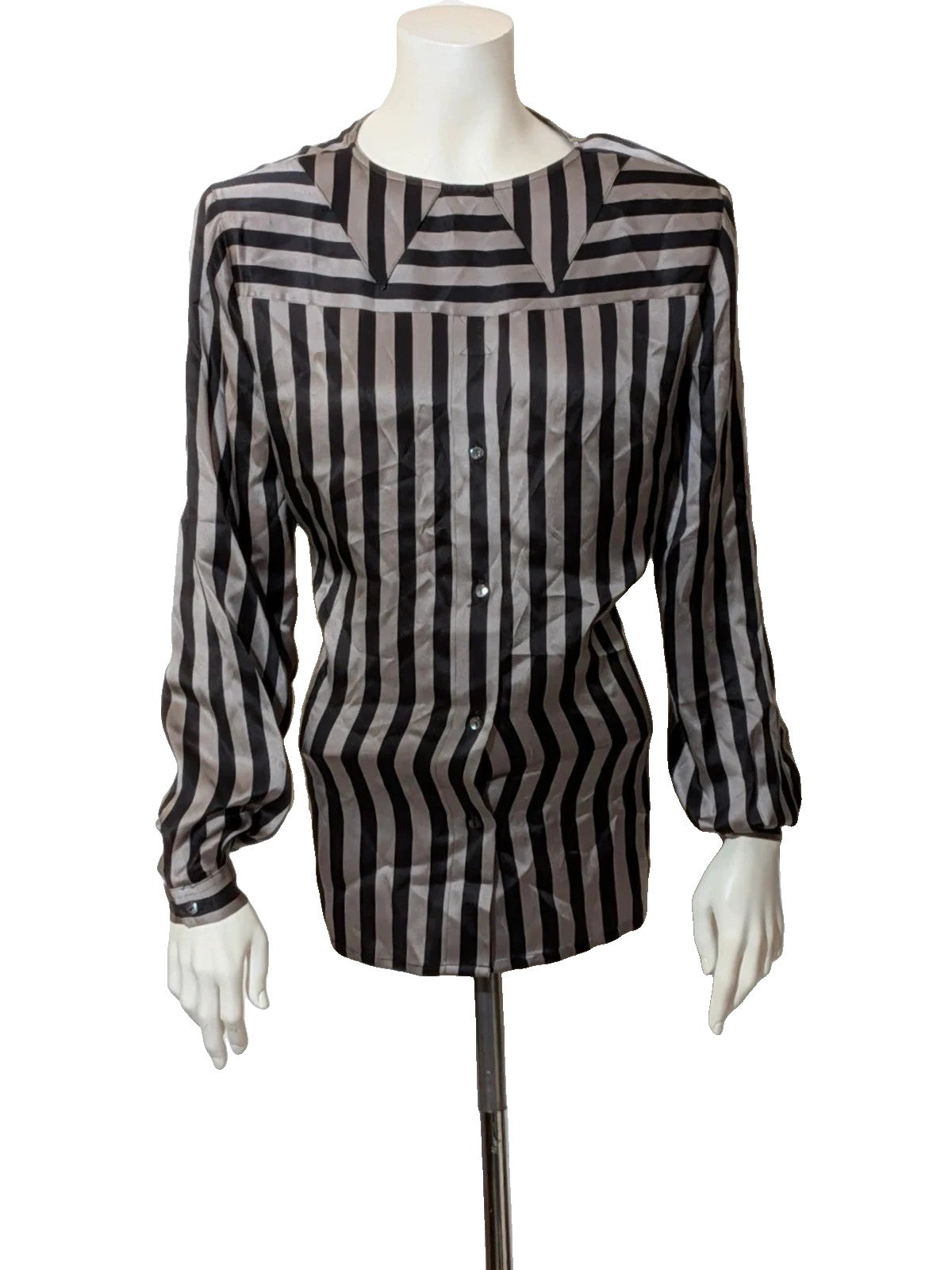 Le Mie Camicie black and grey silk top with unique geometric collar and button closure.