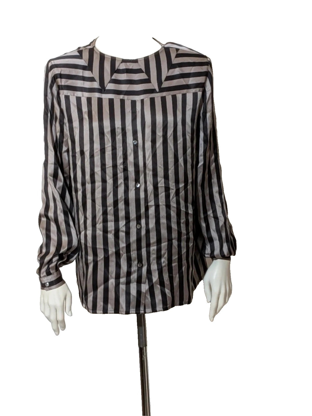 Le Mie Camicie black and grey silk top with unique geometric collar and button closure.