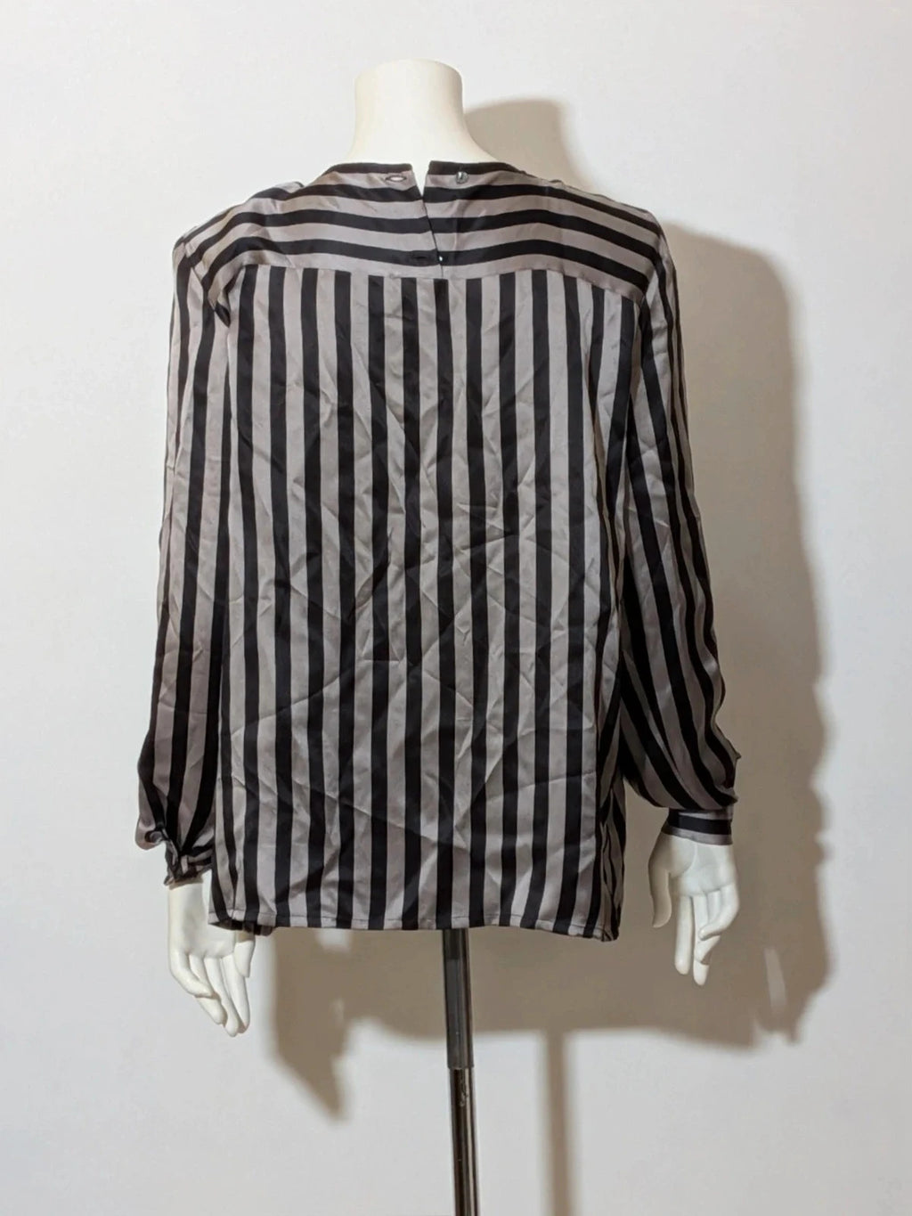 Le Mie Camicie black and grey silk top with unique geometric collar and button closure.