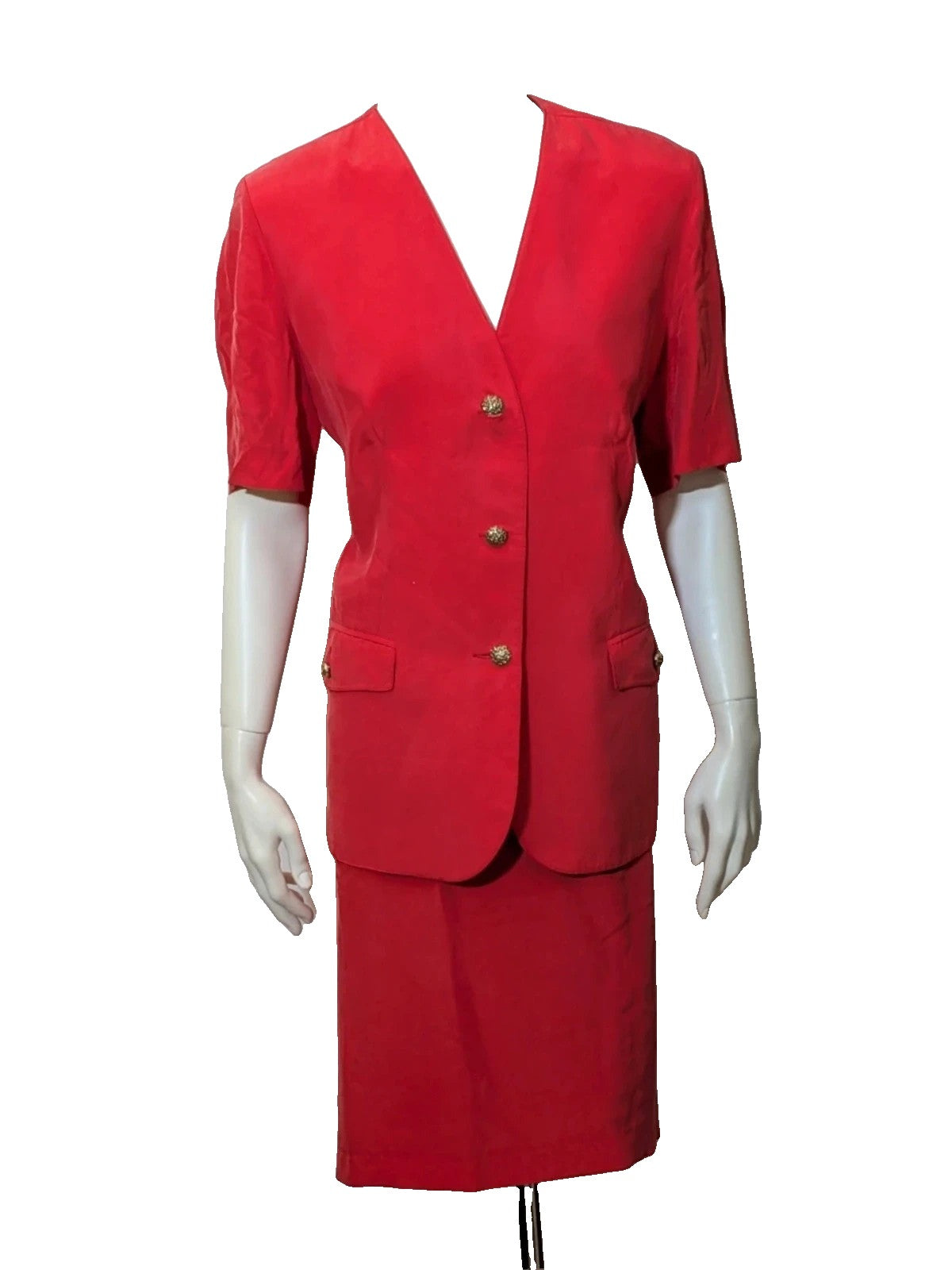 Made in Italy red skirt suit, short sleeve jacket with gold jewel buttons, 100% Cupro.