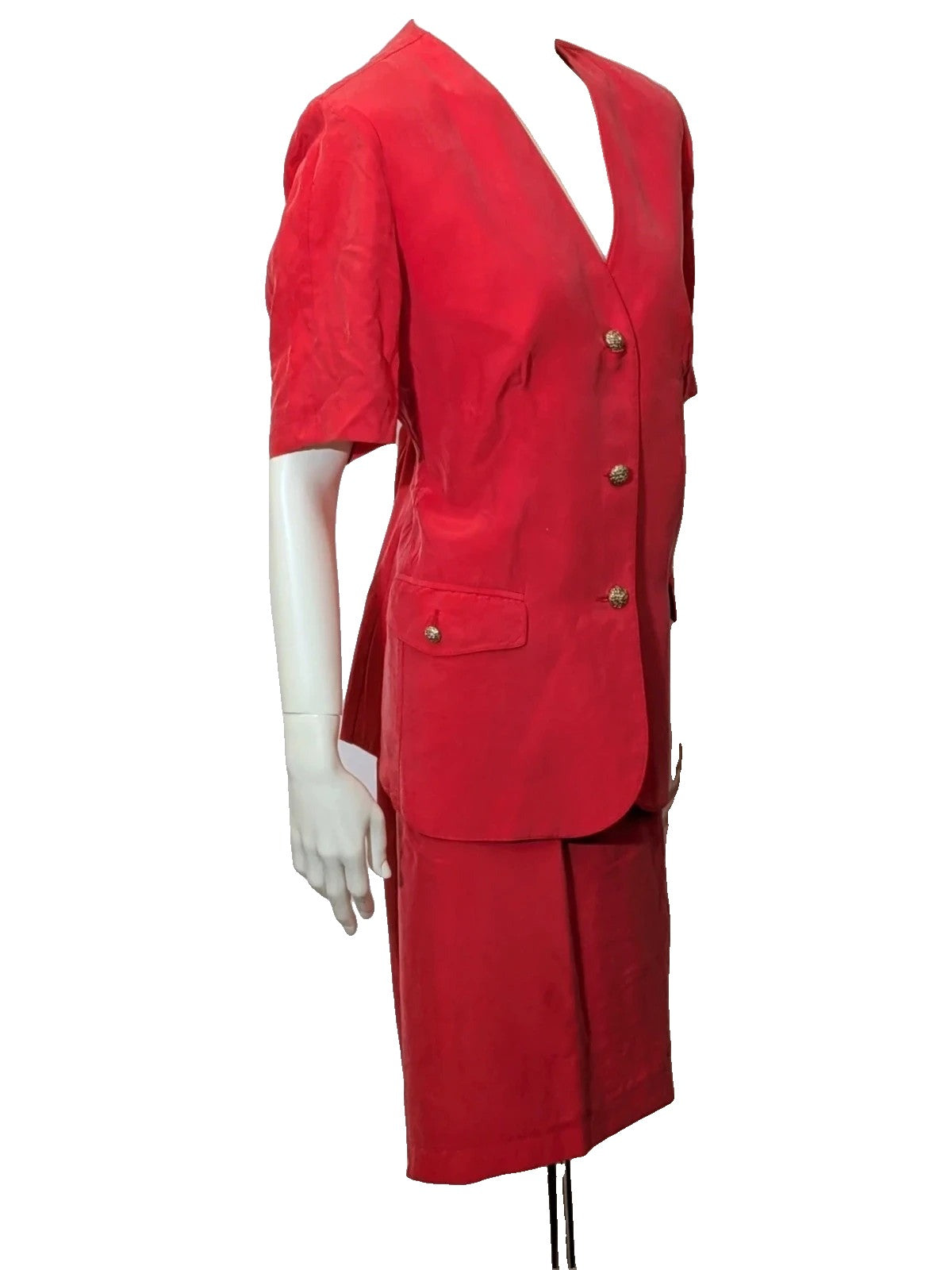 Made in Italy red skirt suit, short sleeve jacket with gold jewel buttons, 100% Cupro.