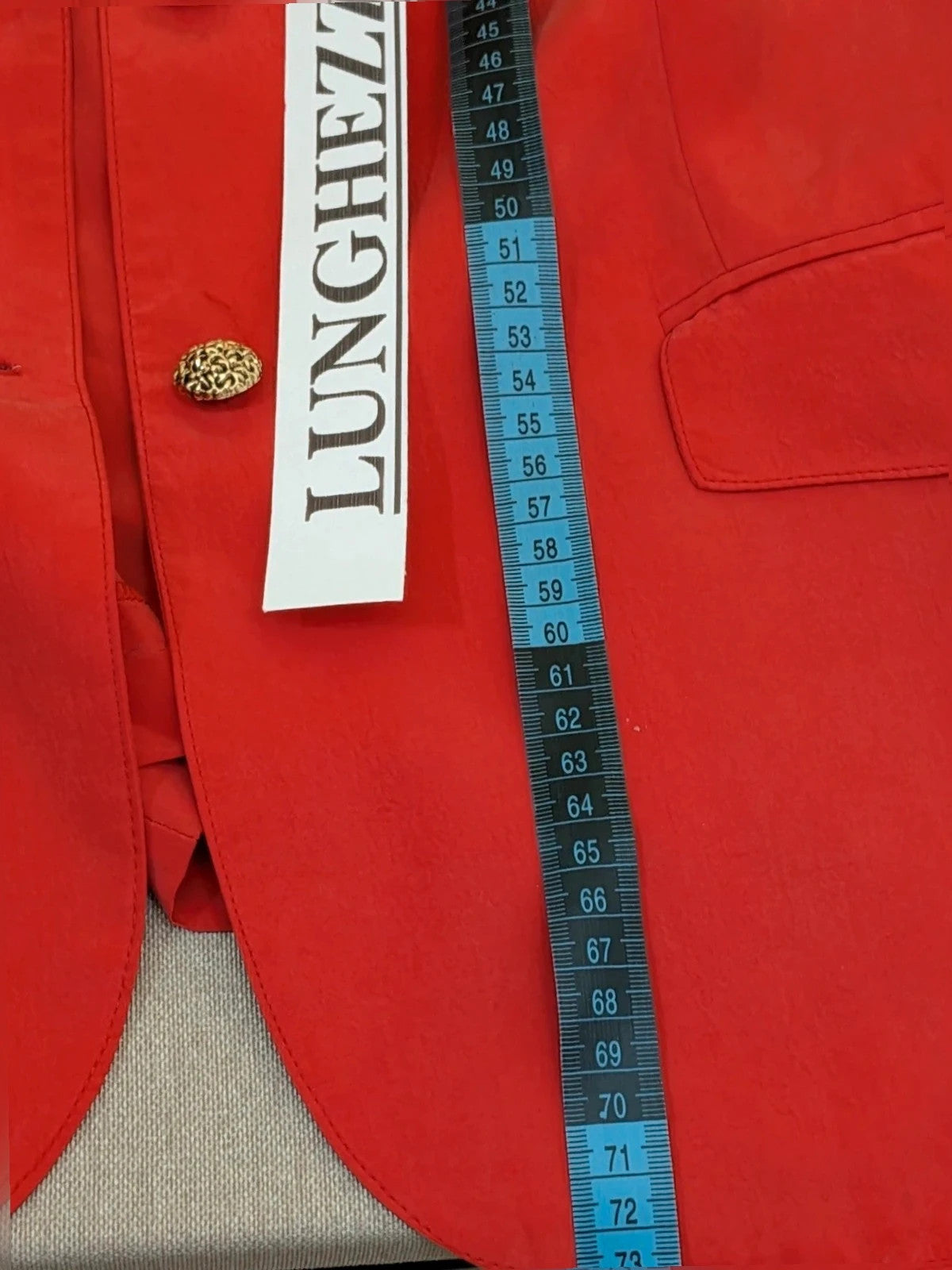 Made in Italy red skirt suit, short sleeve jacket with gold jewel buttons, 100% Cupro.