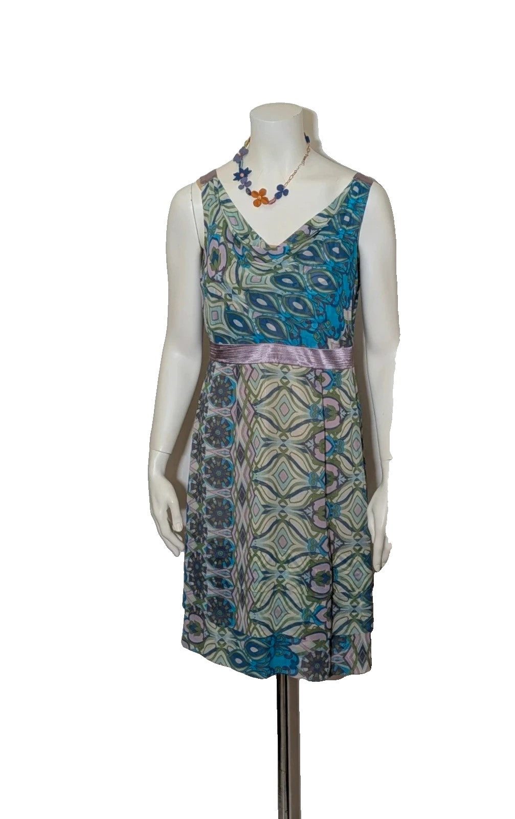 Camomilla Italia multi linen maxi dress with geometric peacock pattern and lightweight fabric.