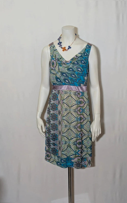 Camomilla Italia multi linen maxi dress with geometric peacock pattern and lightweight fabric.