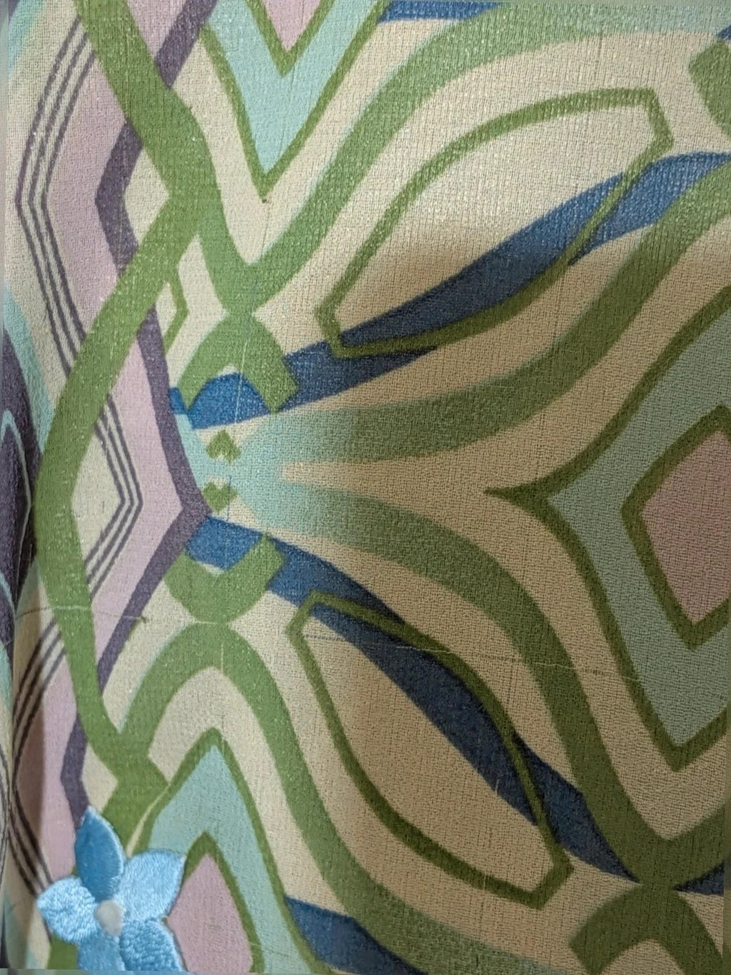 Camomilla Italia multi linen maxi dress with geometric peacock pattern and lightweight fabric.