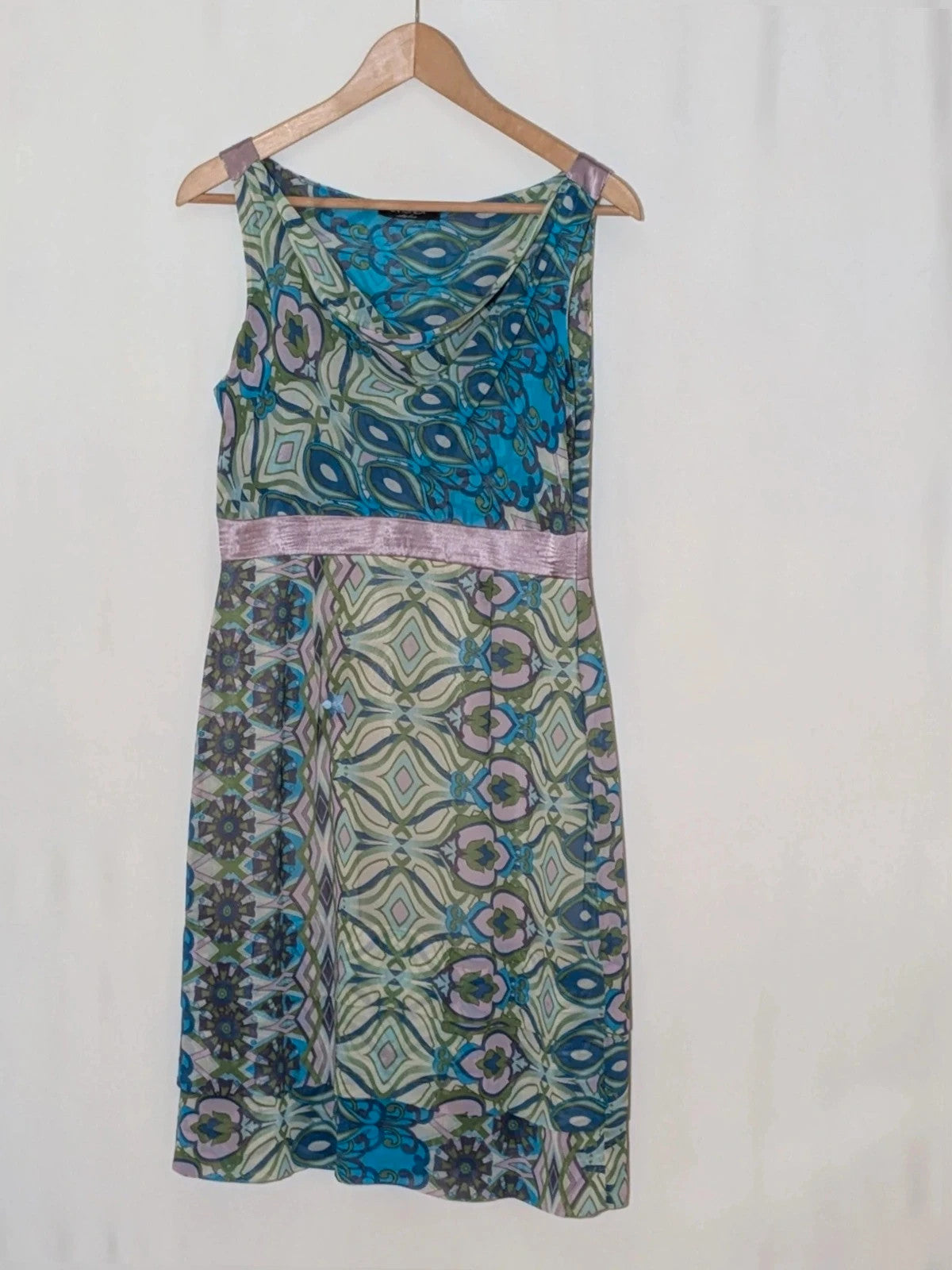 Camomilla Italia multi linen maxi dress with geometric peacock pattern and lightweight fabric.