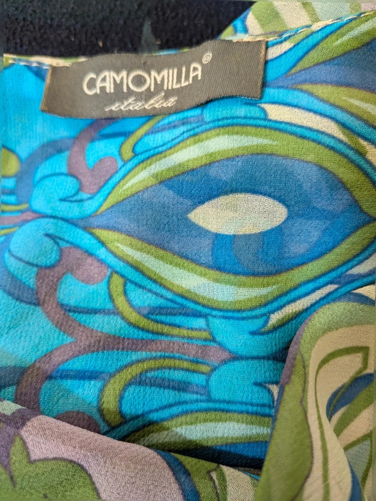 Camomilla Italia multi linen maxi dress with geometric peacock pattern and lightweight fabric.