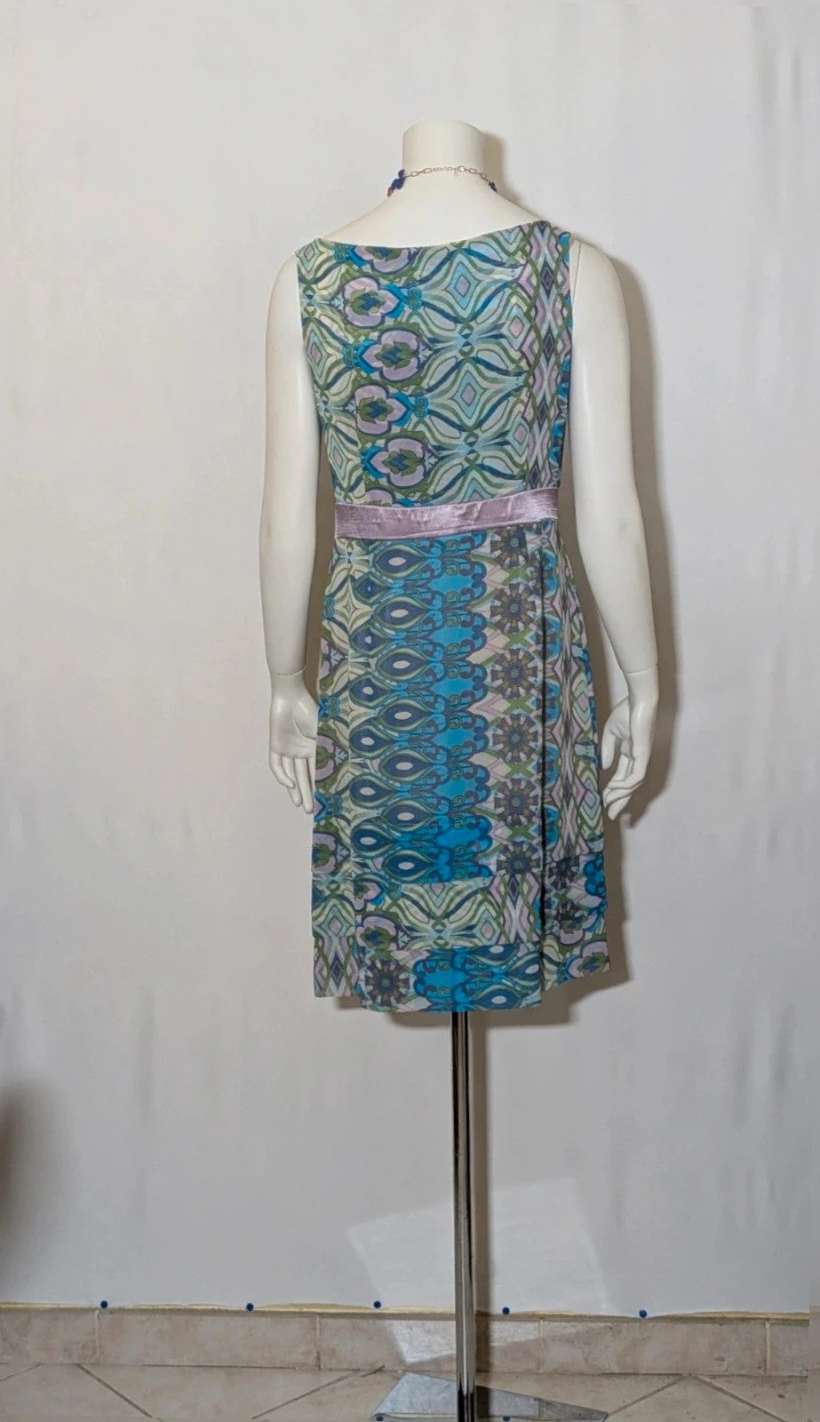 Camomilla Italia multi linen maxi dress with geometric peacock pattern and lightweight fabric.