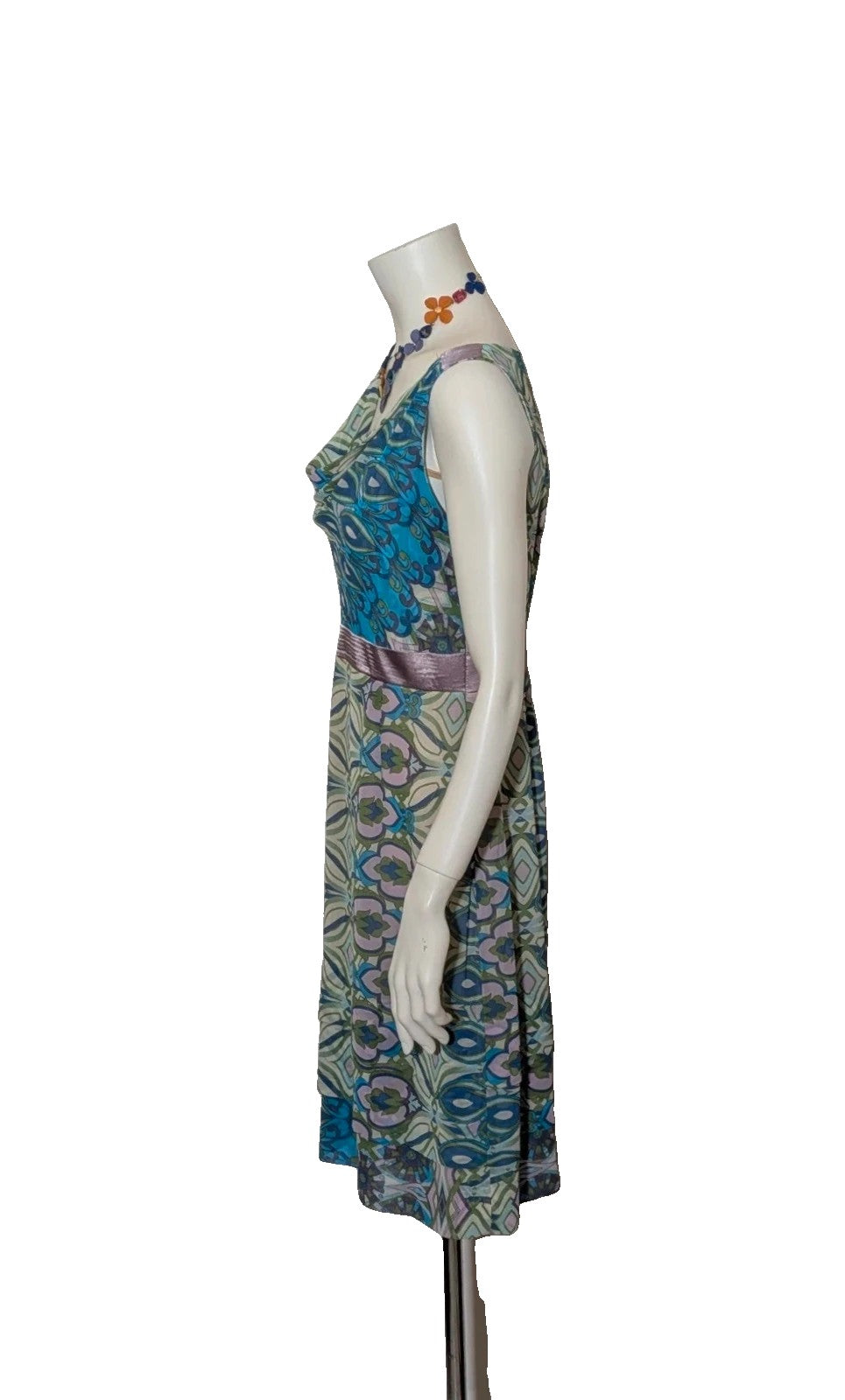 Camomilla Italia multi linen maxi dress with geometric peacock pattern and lightweight fabric.