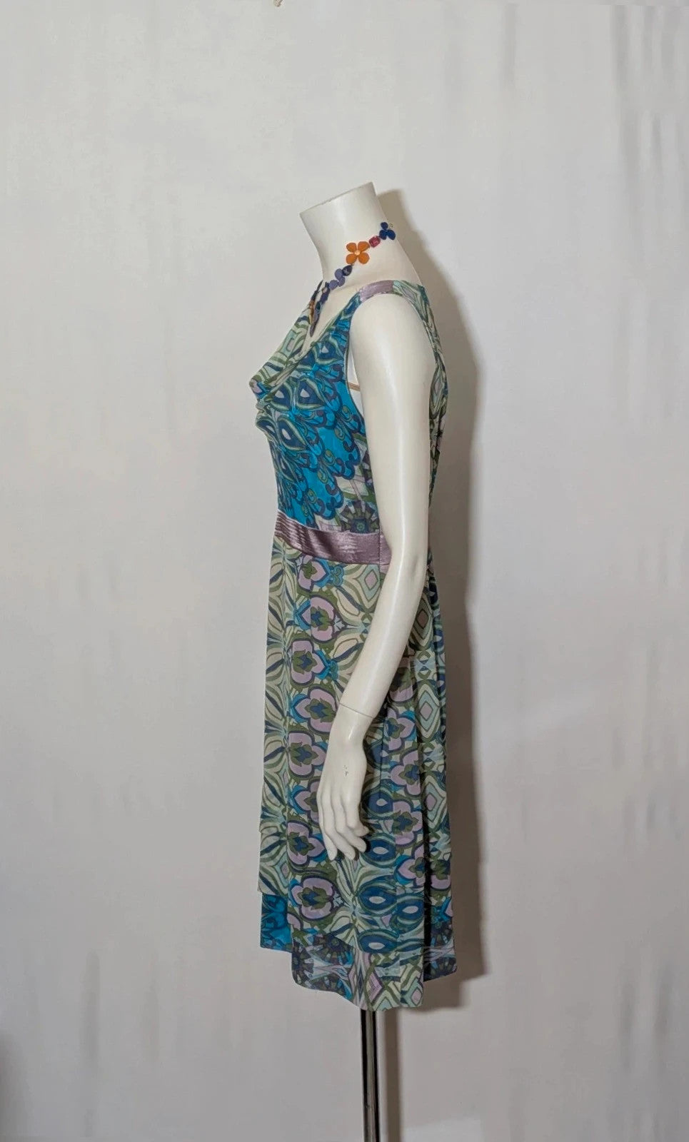 Camomilla Italia multi linen maxi dress with geometric peacock pattern and lightweight fabric.