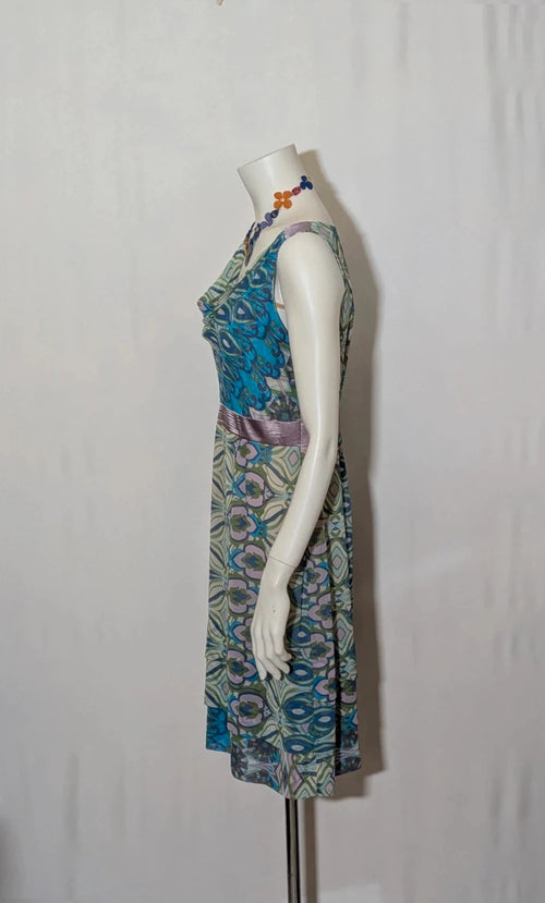 Camomilla Italia multi linen maxi dress with geometric peacock pattern and lightweight fabric.