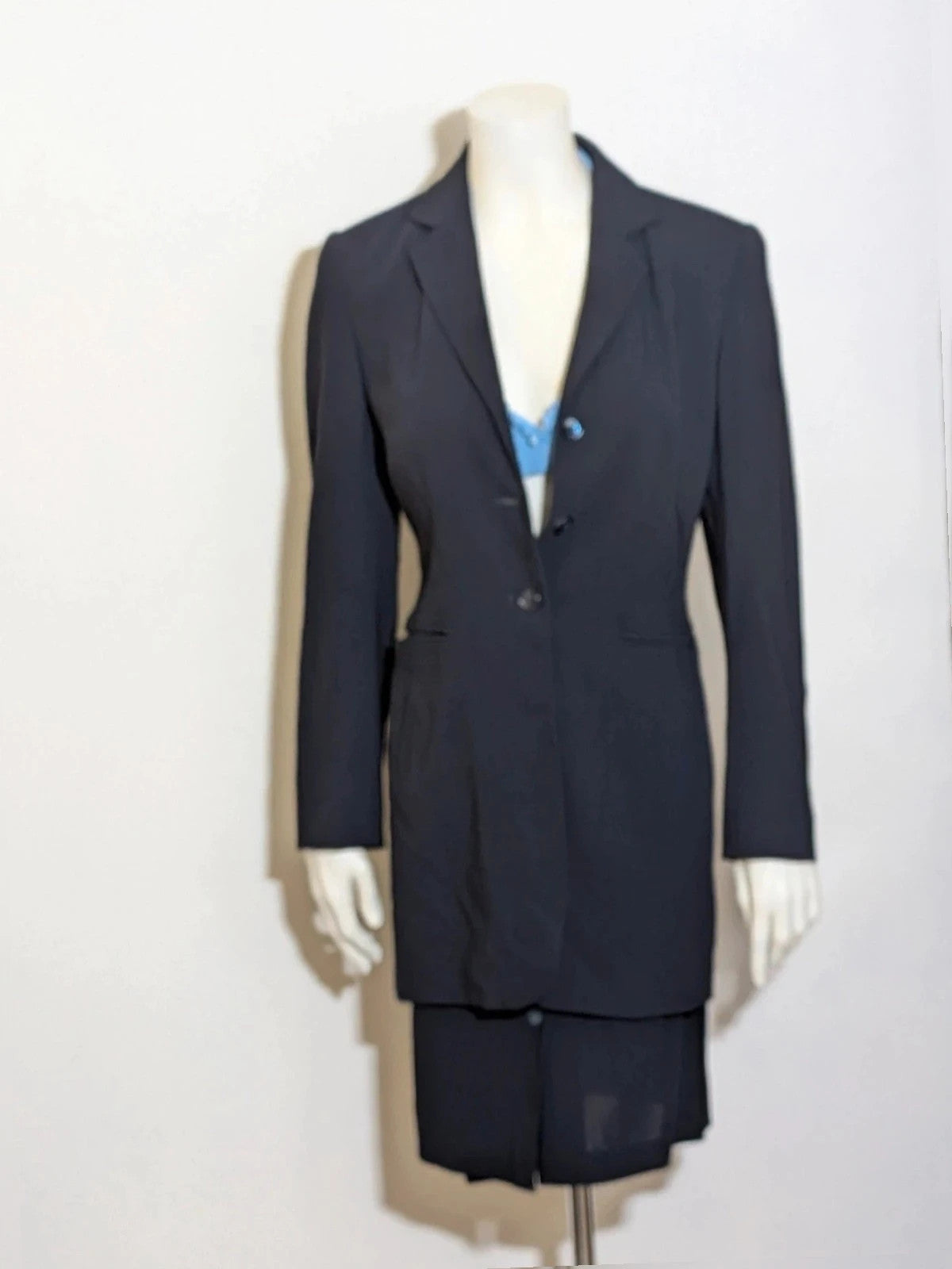 Mariella Burani navy skirt suit with elegant blazer and vintage bicycle print lining.