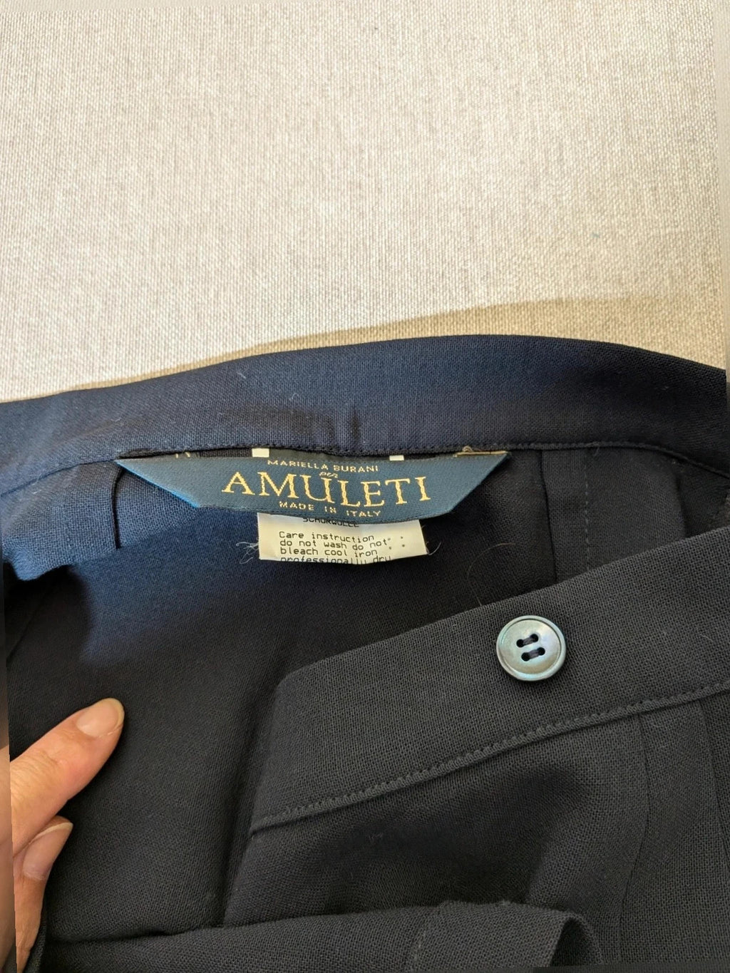 Mariella Burani navy skirt suit with elegant blazer and vintage bicycle print lining.