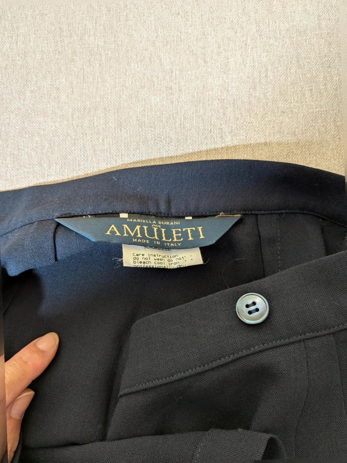 Mariella Burani navy skirt suit with elegant blazer and vintage bicycle print lining.