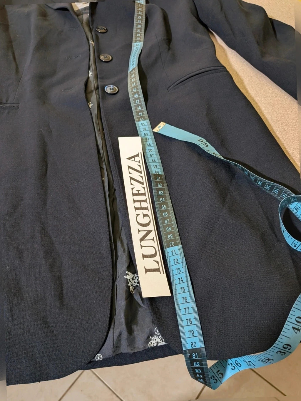 Mariella Burani navy skirt suit with elegant blazer and vintage bicycle print lining.