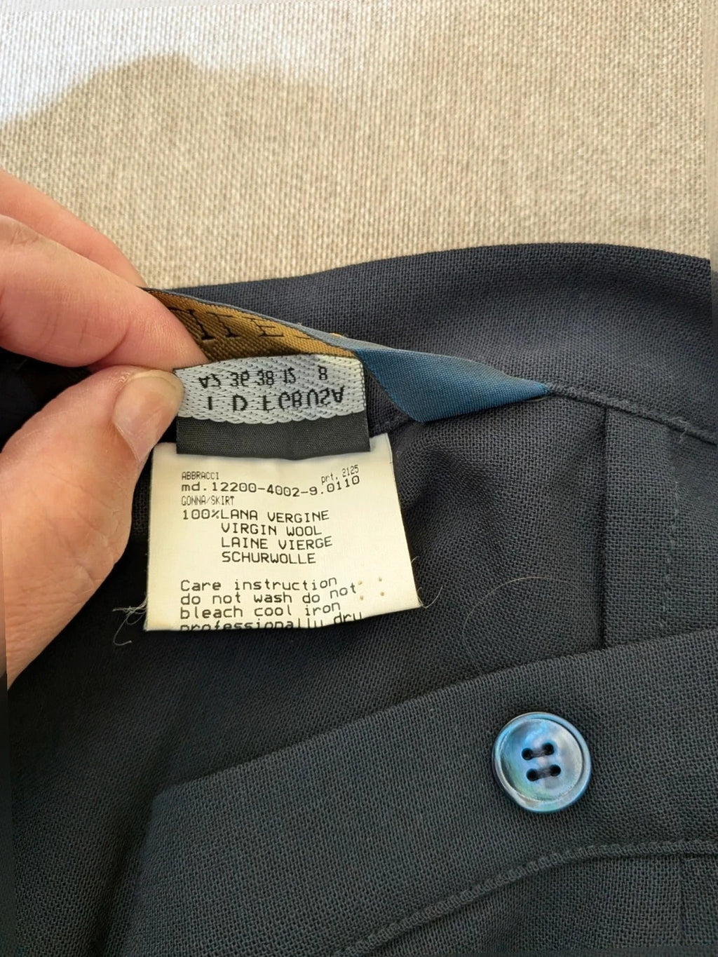 Mariella Burani navy skirt suit with elegant blazer and vintage bicycle print lining.
