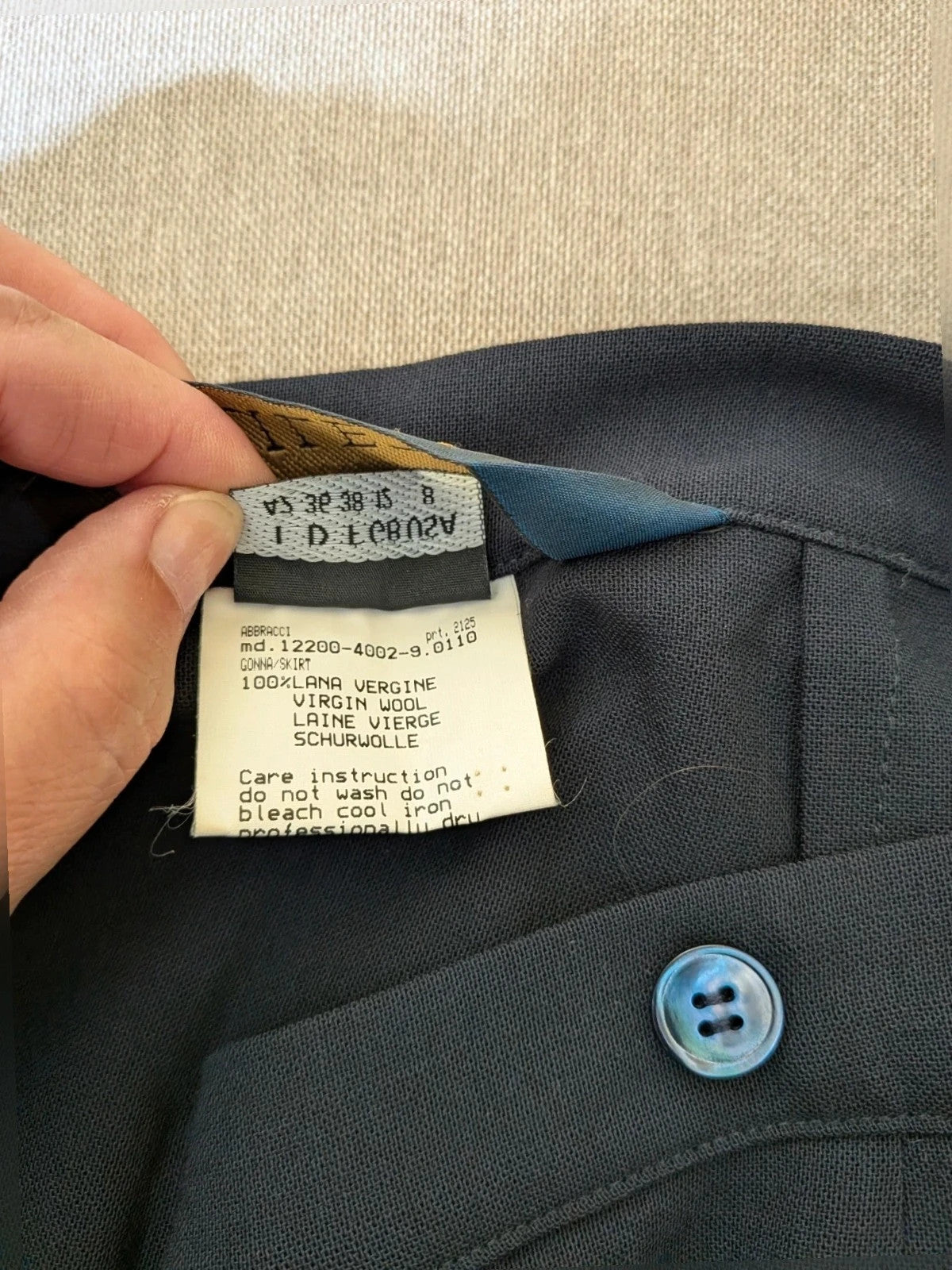 Mariella Burani navy skirt suit with elegant blazer and vintage bicycle print lining.