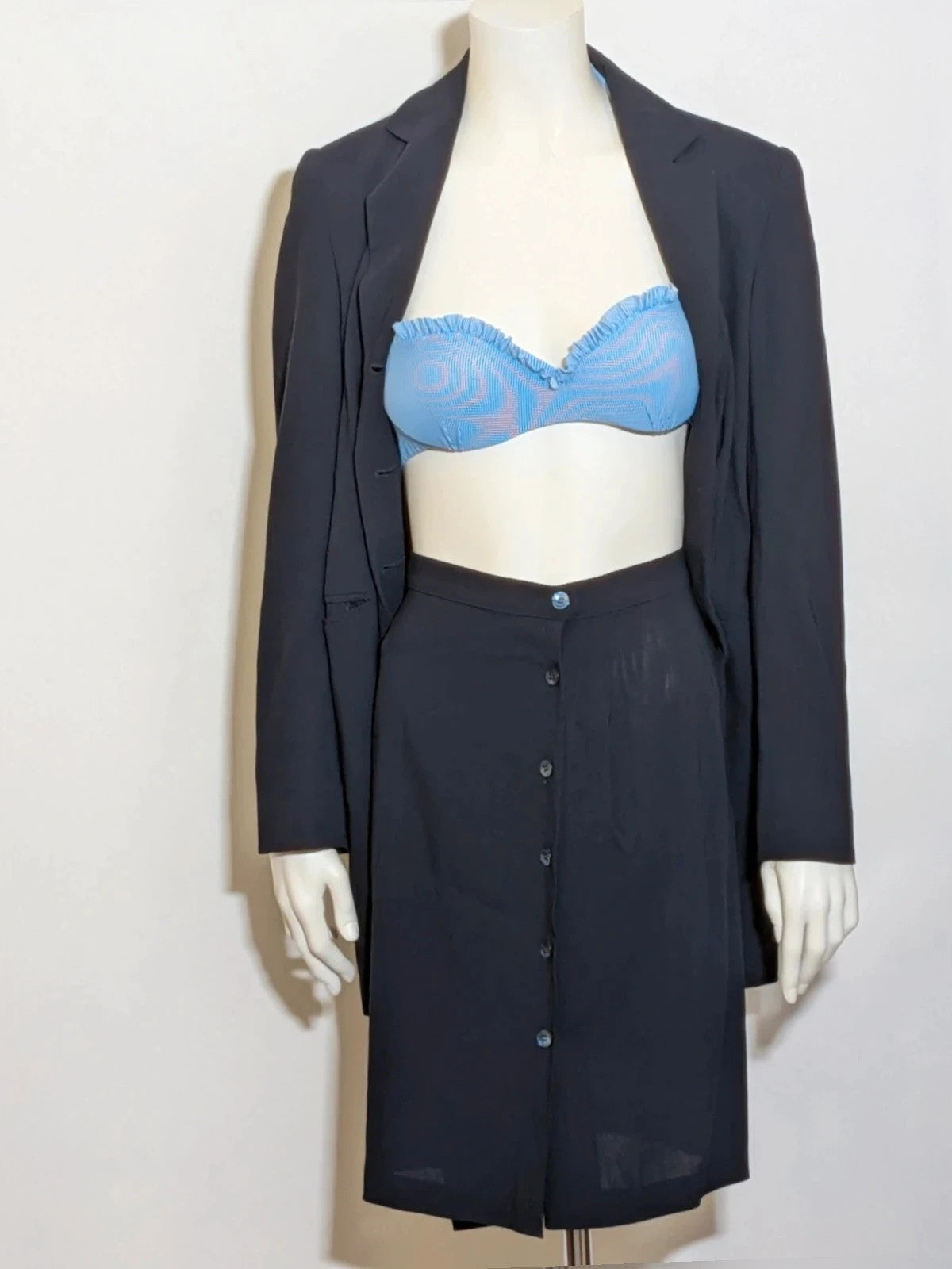 Mariella Burani navy skirt suit with elegant blazer and vintage bicycle print lining.
