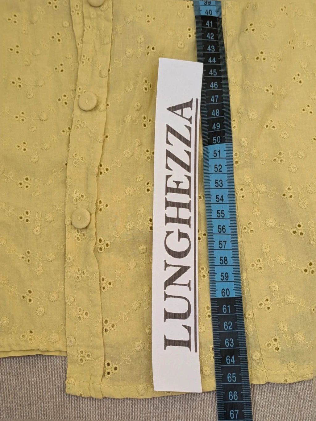 Guerini yellow short-sleeve top with lace Sangallo pattern and front button closure.