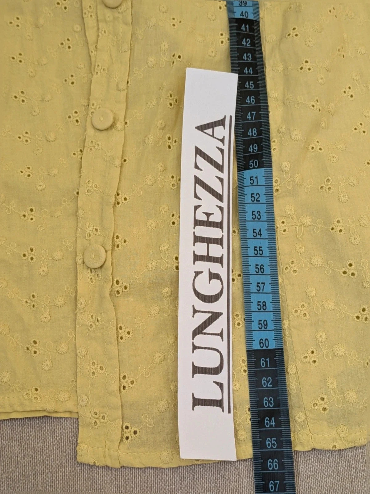 Guerini yellow short-sleeve top with lace Sangallo pattern and front button closure.