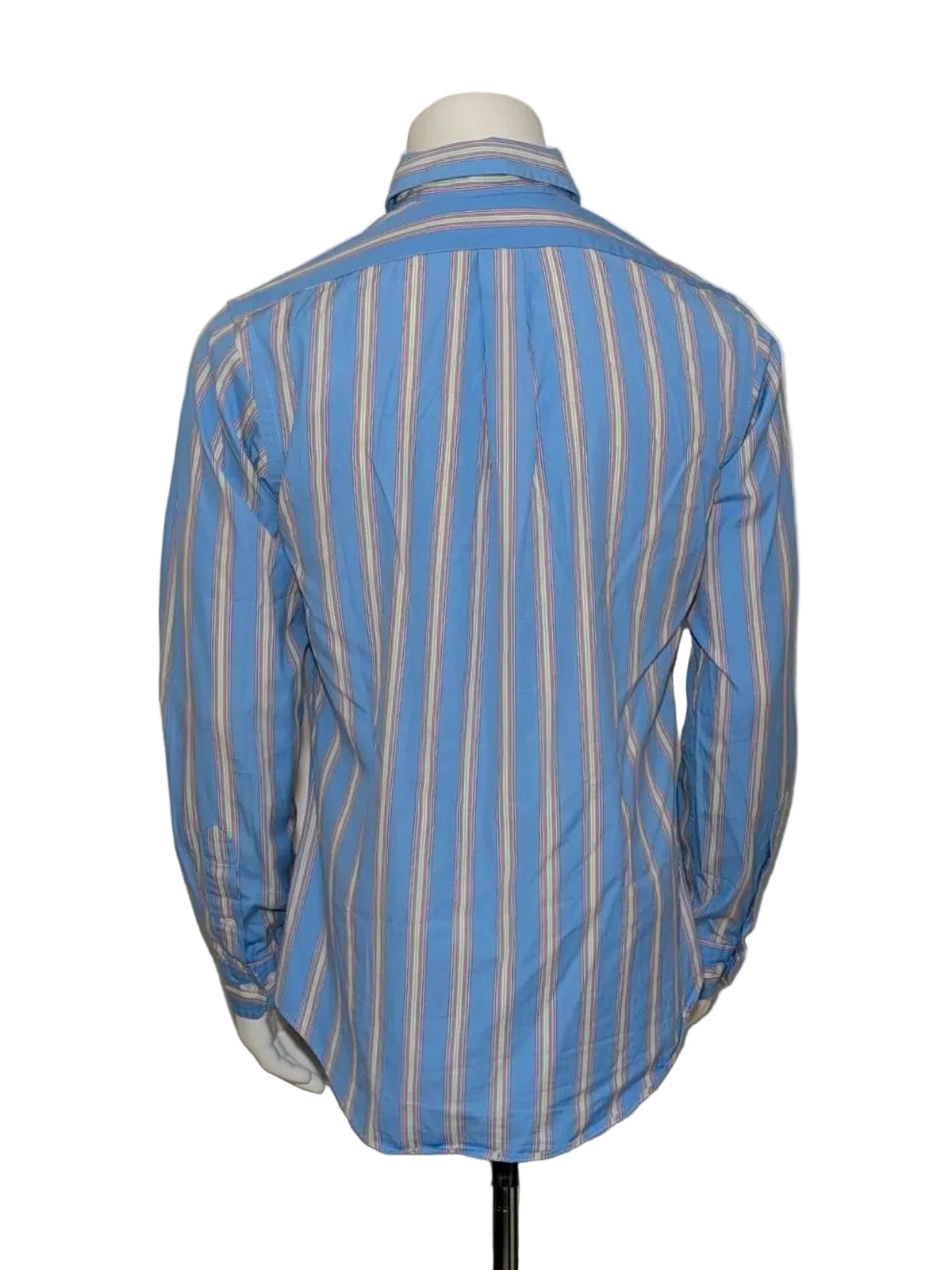 Polo Ralph Lauren multicolor striped shirt with pink pony logo on sky blue background.