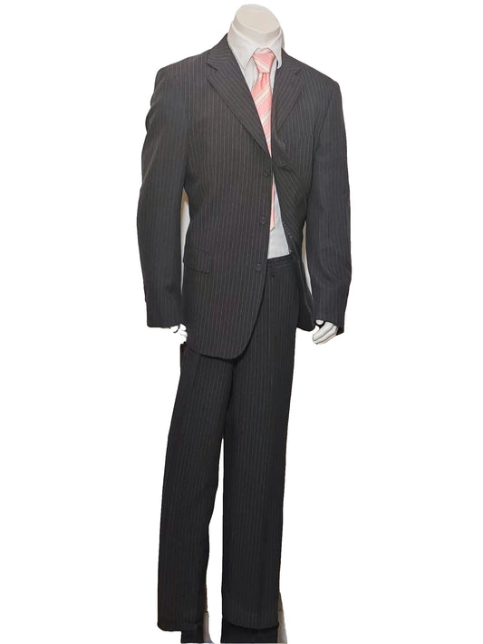 Per Una grey suit jacket and trousers, pinstripe pattern, three-button closure, excellent condition.