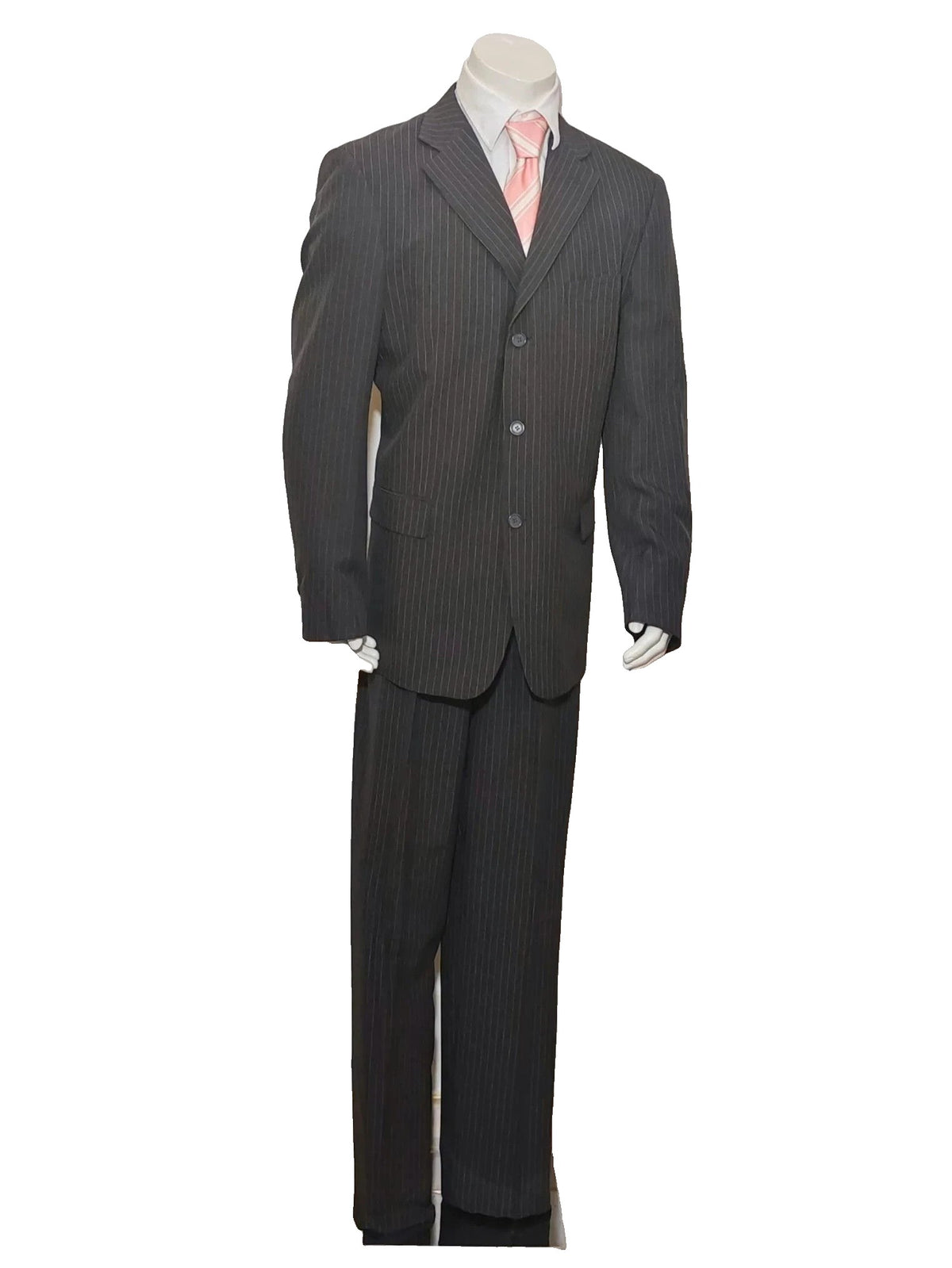 Per Una grey suit jacket and trousers, pinstripe pattern, three-button closure, excellent condition.