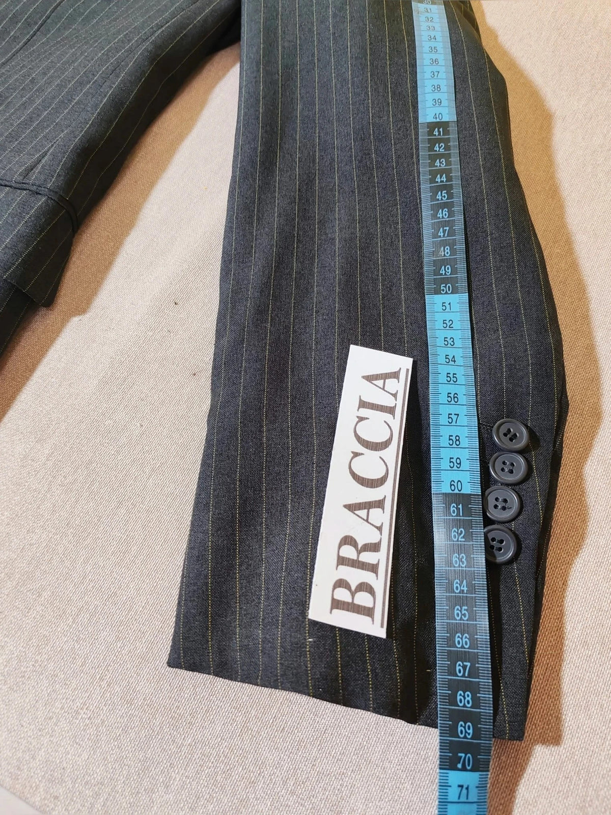 Per Una grey suit jacket and trousers, pinstripe pattern, three-button closure, excellent condition.