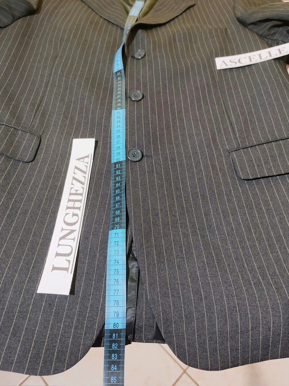 Per Una grey suit jacket and trousers, pinstripe pattern, three-button closure, excellent condition.