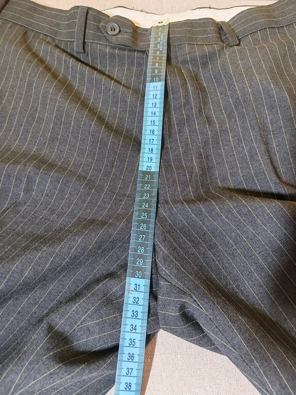 Per Una grey suit jacket and trousers, pinstripe pattern, three-button closure, excellent condition.