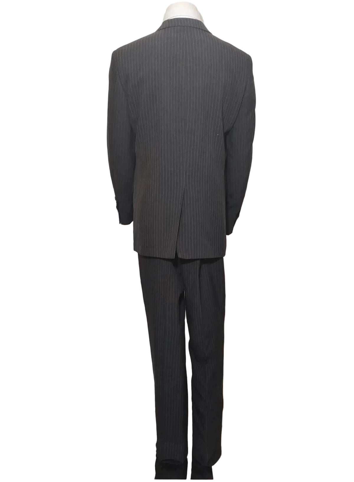 Per Una grey suit jacket and trousers, pinstripe pattern, three-button closure, excellent condition.